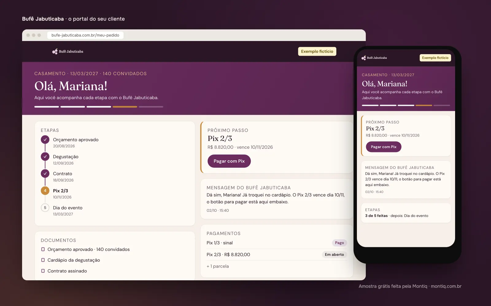 Exemplo de tela: o portal do Bufê Jabuticaba no computador e no celular, com as etapas do casamento, o próximo Pix e uma mensagem do bufê.